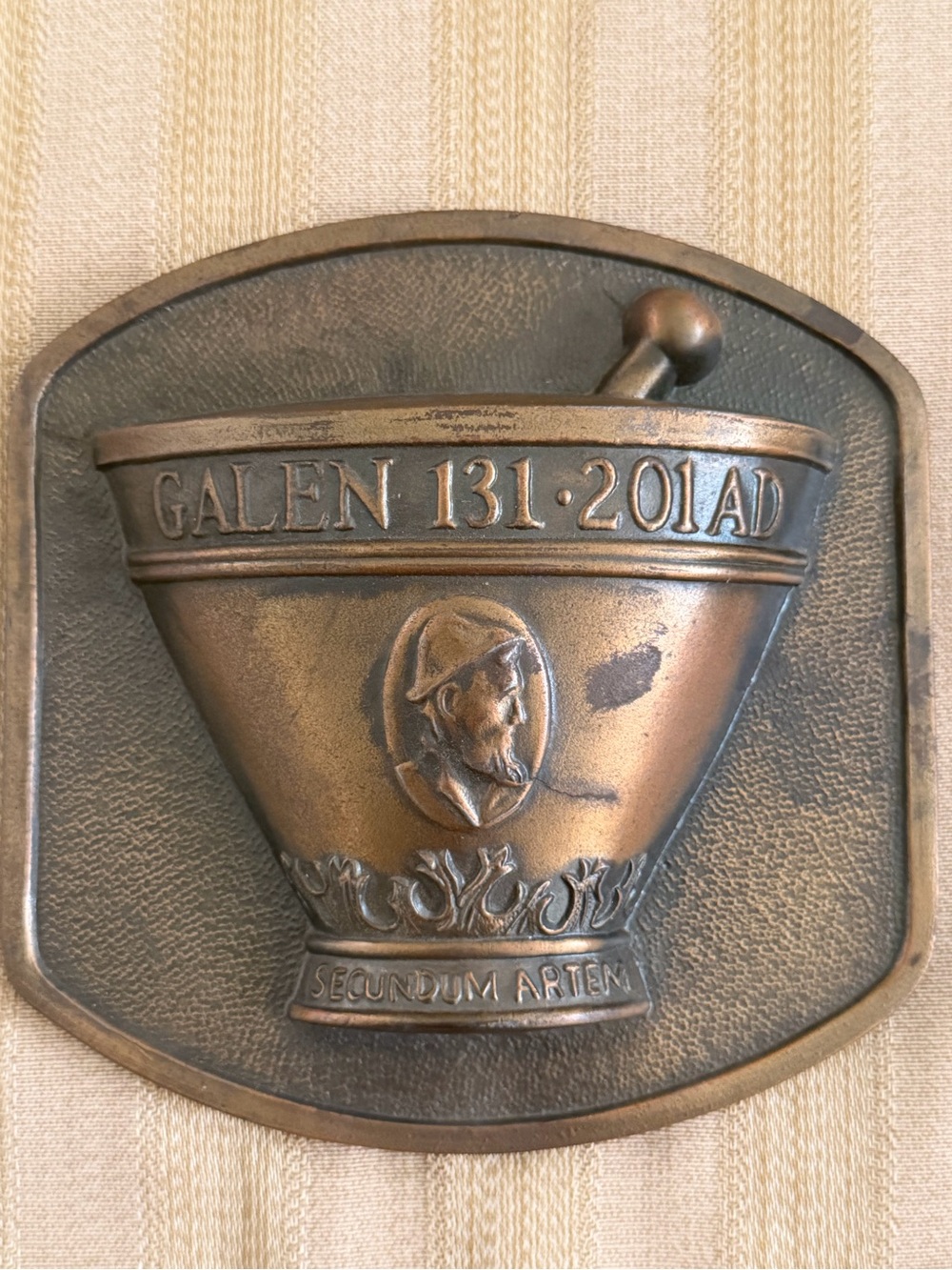Bronze-Tone Decorative Apothecary Mortar Plaque - brass